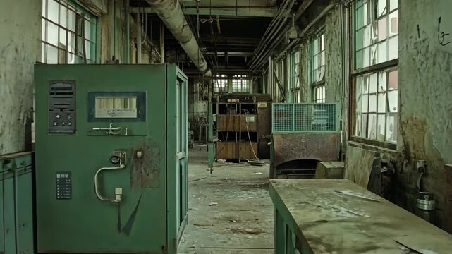 Industrial interior of an abandoned factory showing neglected machinery and dusty surfaces in a dimly lit environment