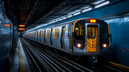 Naklejka premium Modern Train Car Arriving At Station Platform In Dark Tunnel At Night