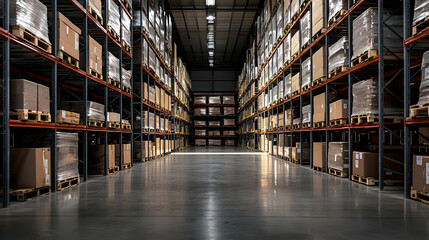 Warehouse Interior With Shelves Stacked With Boxes Under Bright Lighting