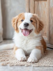 Portrait of Saint Bernard puppy dog sit and smile cheerful