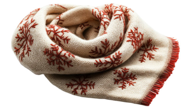 Cozy knitted scarf with red snowflake design perfect for winter fashion