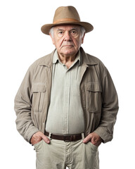 Serious senior explorer posing with hands in pockets on transparent background