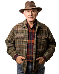 Senior farmer posing with hands in pockets on transparent background