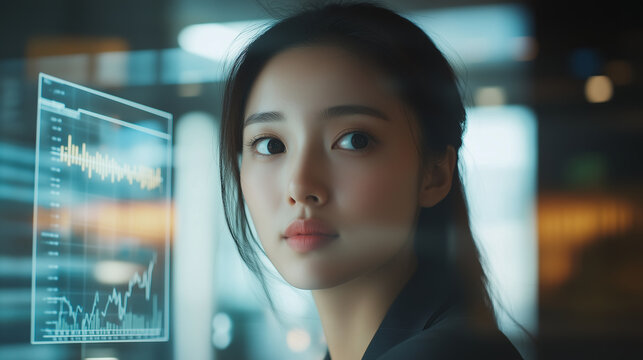Confident Asian businesswoman analyzing financial data with focused expression, reviewing charts on digital interface