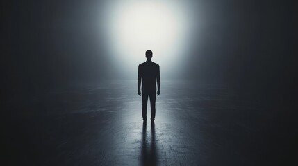 A man stands alone in a dark room