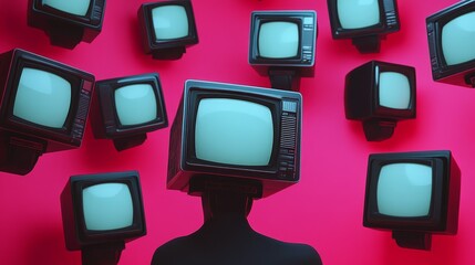 A person is wearing a head made of televisions