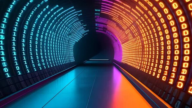Futuristic Digital Tunnel with Glowing Binary Code and Vibrant Colors