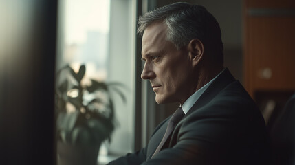 Middle aged businessman, reviewing investment in his office, appears thoughtful and focused, analyzing data with serious expression as he plans future strategy