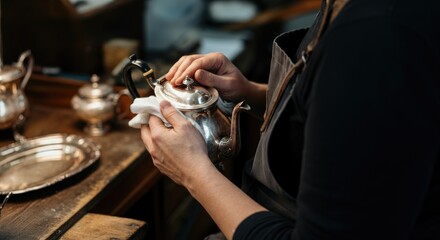 Asian person polishing silver teapot in workshop