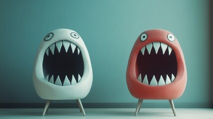 Obraz premium Two stuffed animals with open mouths, one white and one red