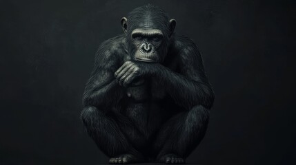 Fototapeta premium A black and white photo of a gorilla sitting on its haunches with its hands on i
