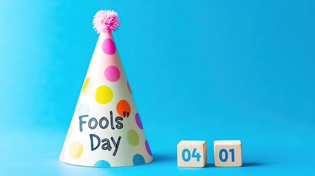 An April Fool's Day view on blue background has a polka - dotted hat with "Fools' Day" and 04, 01 date blocks for a playful scene.
