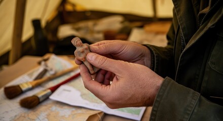 Obraz premium Man examining ancient artifact at archaeological site
