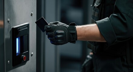 Security personnel using key card for restricted access