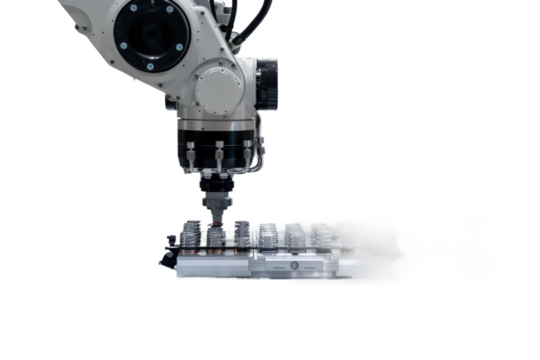 Robotic Precision: A close-up shot of a robotic arm engaged in a manufacturing process, demonstrating high precision and automation in an industrial setting.