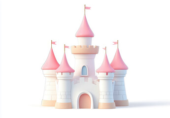 Whimsical castle with pink turrets and white walls on clean background
