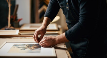 Fototapeta premium Person framing artwork in studio, focus on hands and
