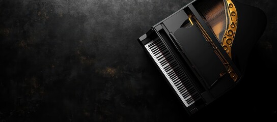 Black grand piano on dark floor, music concept