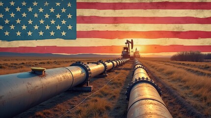 Pipes Running Through Fields Under Sunset With American Flag Backdrop