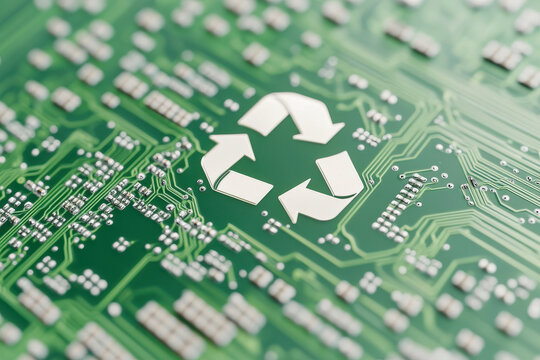 Close-up of recycling symbol on a printed circuit board