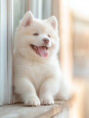 Portrait of Siberian Husky puppy dog sit and smile cheerful
