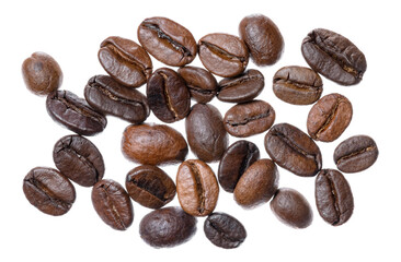 Close up flat lay view of many brown roasted coffee beans with fine details isolated on white background