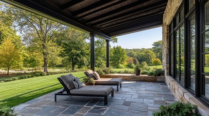 Rustic patio lounge, scenic view