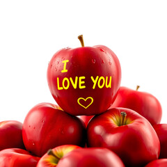 A close-up photo of several fresh red apples against a bright solid white background. On top of the pile of apples, one apple stands out with bright yellow text that reads 'I LOVE YOU