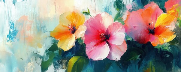 A vibrant painting of colorful hibiscus flowers, blending pink and yellow hues against a soft, abstract background.