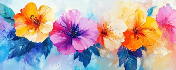 A vibrant watercolor painting featuring colorful hibiscus flowers in hues of pink, orange, and yellow against a soft blue background.