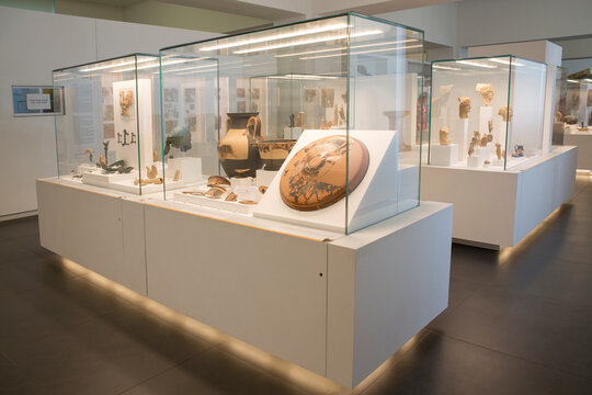 Display cases in the Magna Graecia Museum, which houses ancient remains of the Greeks in the Italian peninsula.