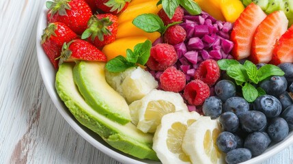 Colorful and Fresh Fruit Bowl with Strawberries, Blueberries, Mango, Avocado, Raspberries, and Mint Leaves