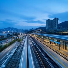 Landscape view of a light trails at blue hour on a busy traffic and Light Railway Transit station on the right side with long exposure technique