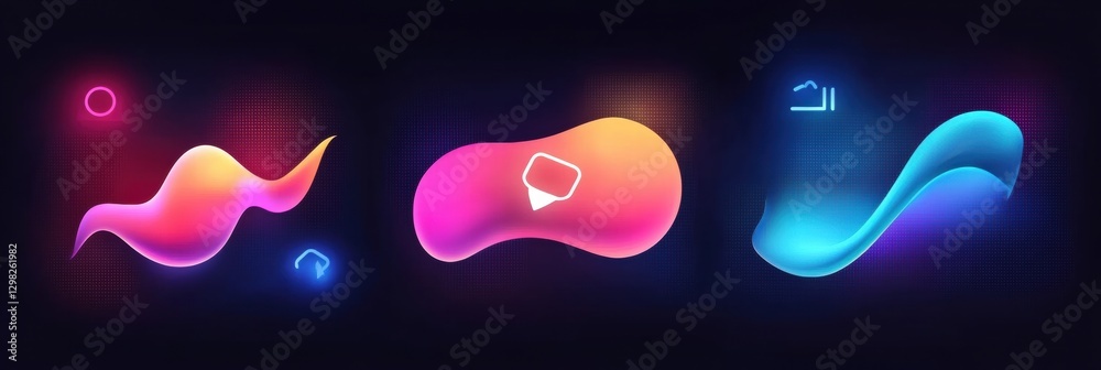 Aufkleber Colorful abstract shapes with glowing effects on a dark background create a modern digital art composition. Generative AI