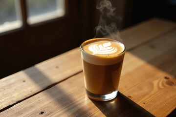 Aromatic coffee beverage with latte art in a clear glass, resting on a sunlit wooden surface