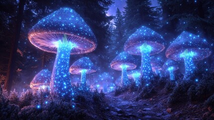 Glowing Mushrooms In A Magical Forest At Night