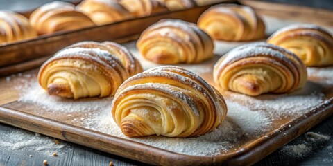 Fototapeta premium Golden-brown pastries dusted with powdered sugar, arranged on a rustic wooden tray, a delectable display of freshly baked sweet treats