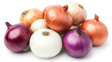 Colorful Assortment of Fresh Onions Including Red, Yellow, White, and Purple Varieties on a Clean Background