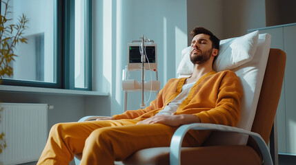 Young man relaxing on bed, Dehydrated young man receiving intravenous vitamin therapy in hospital room. Male patient sitting in armchair attached to vitamin IV infusion drip in wellness center or beau