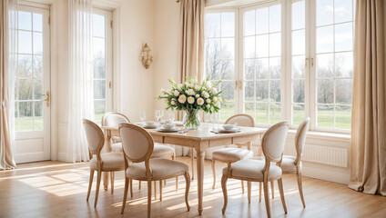This image shows a large, light-filled dining room with a large window, wooden floors, and cream-colored furniture.