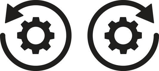 Collection of synchronization process vector icons in line art, outline and silhouette styles. Gear symbol with one arrow or wheel symbol repeat, update, exchange etc. Vector illustration
