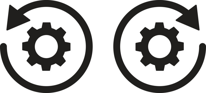 Collection of synchronization process vector icons in line art, outline and silhouette styles. Gear symbol with one arrow or wheel symbol repeat, update, exchange etc. Vector illustration