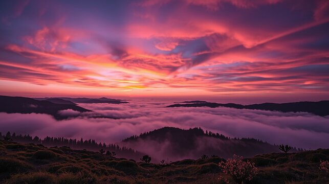 Vibrant sunset over a sea of clouds.
