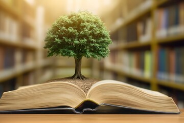 Tree Growing from Open Book in Library