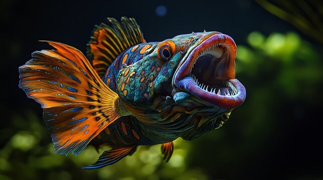 Fierce Sarcastic Fringehead fish opening its enormous colorful mouth in an aggressive display its body covered in intricate patterns an underwater battle for territory