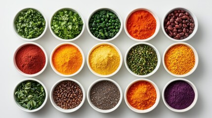 Colorful Assortment of Fresh Spices and Ingredients Arranged in Bowls on White Surface for Culinary Inspiration