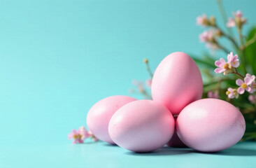 Easter card. Pink Easter eggs on a blue background with space for text.