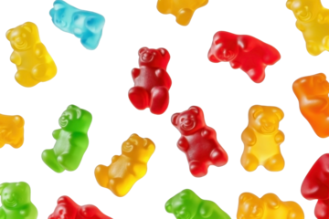 Flying colorful jelly gummy bears, isolated background