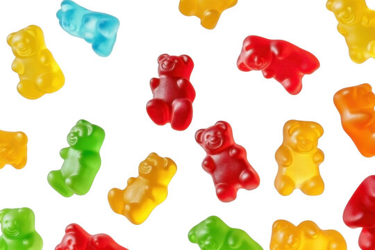 Flying colorful jelly gummy bears, isolated background