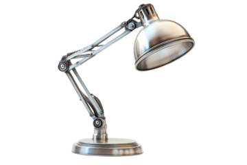 Stylish metallic desk lamp with adjustable arm design in a bright workspace setting